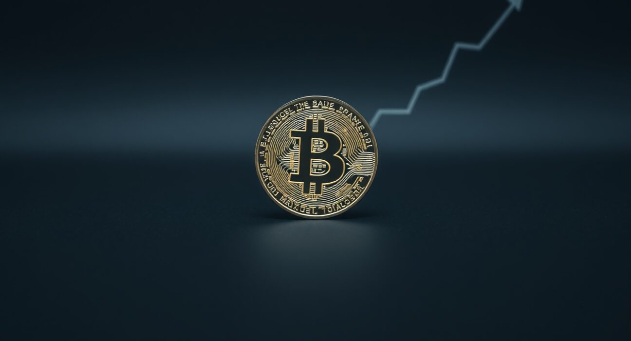 Bitcoin coin on dark surface with subtle upward trend graph in background representing long-term holder accumulation
