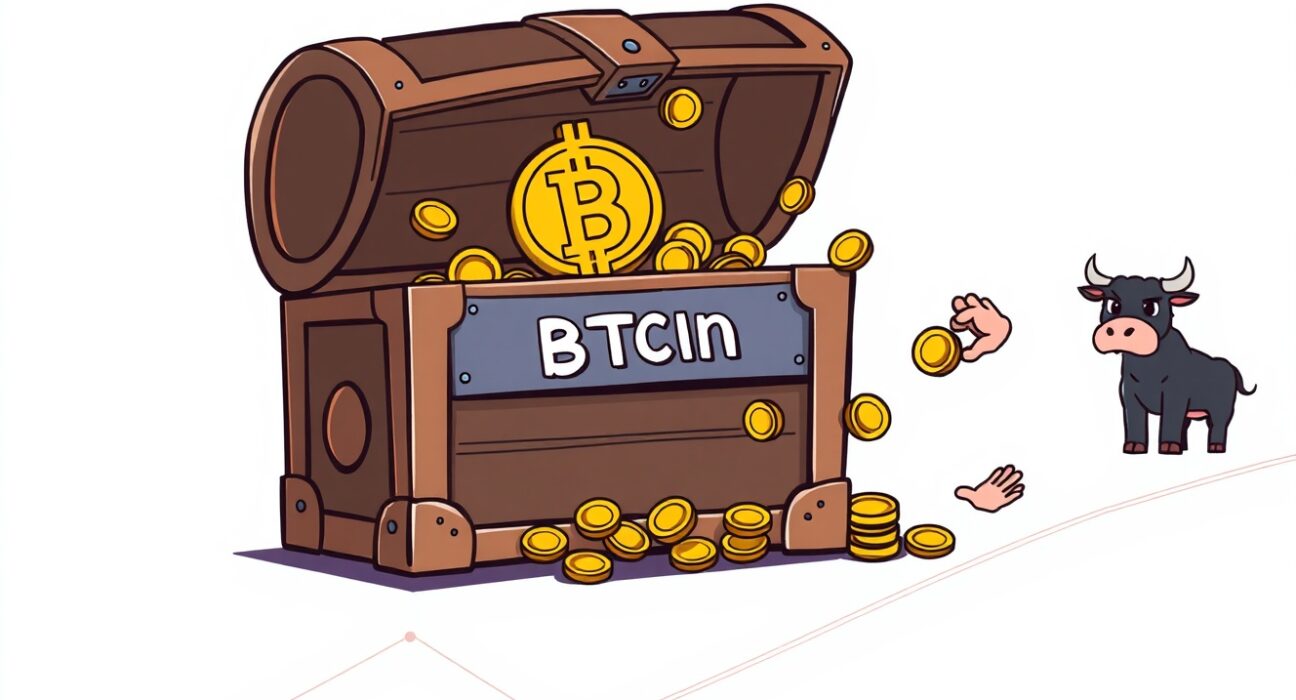Illustration of Bitcoin long-term holder supply decreasing as coins flow from a vault.
