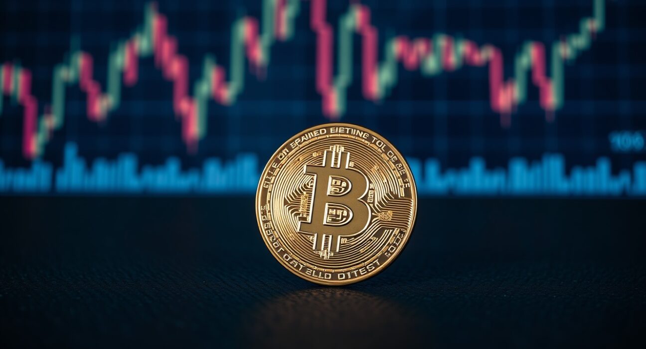 Bitcoin coin on a dark surface with blurred digital charts in the background