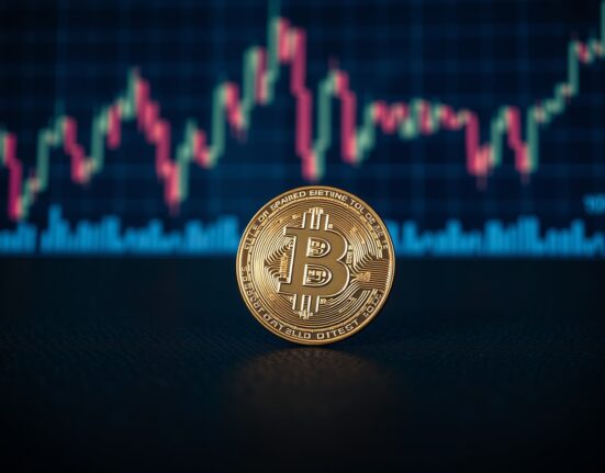 Bitcoin coin on a dark surface with blurred digital charts in the background