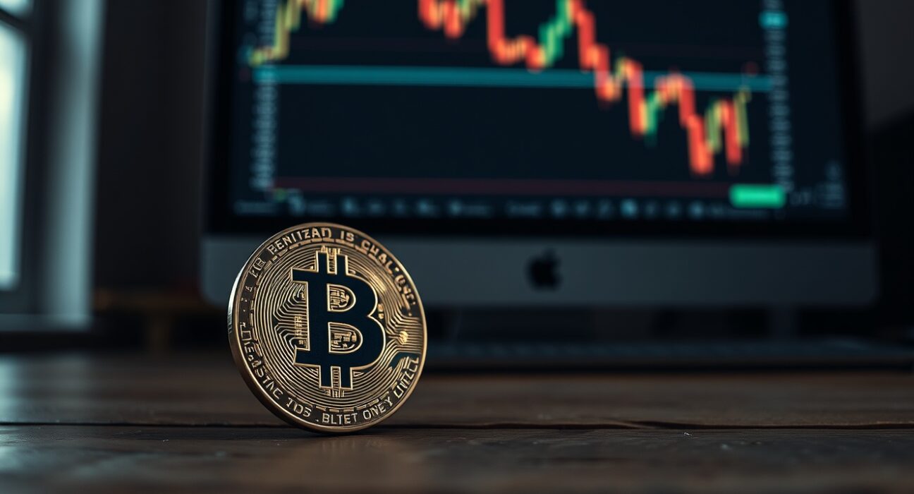 Bitcoin coin on a wooden table with a blurred monitor showing a downward chart in the background.