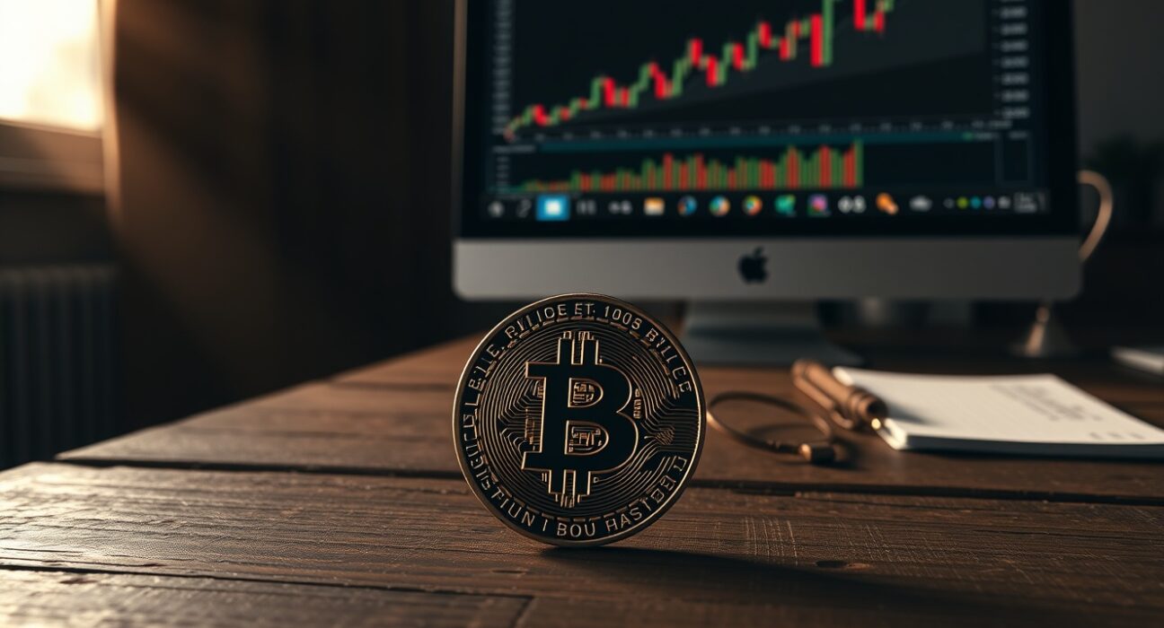 Bitcoin coin on a wooden table near a computer monitor showing a chart, representing long-term holder supply data.