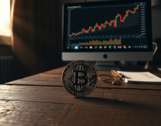 Bitcoin coin on a wooden table near a computer monitor showing a chart, representing long-term holder supply data.
