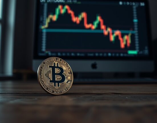 Bitcoin coin on a wooden table with a blurred monitor showing a downward chart in the background.