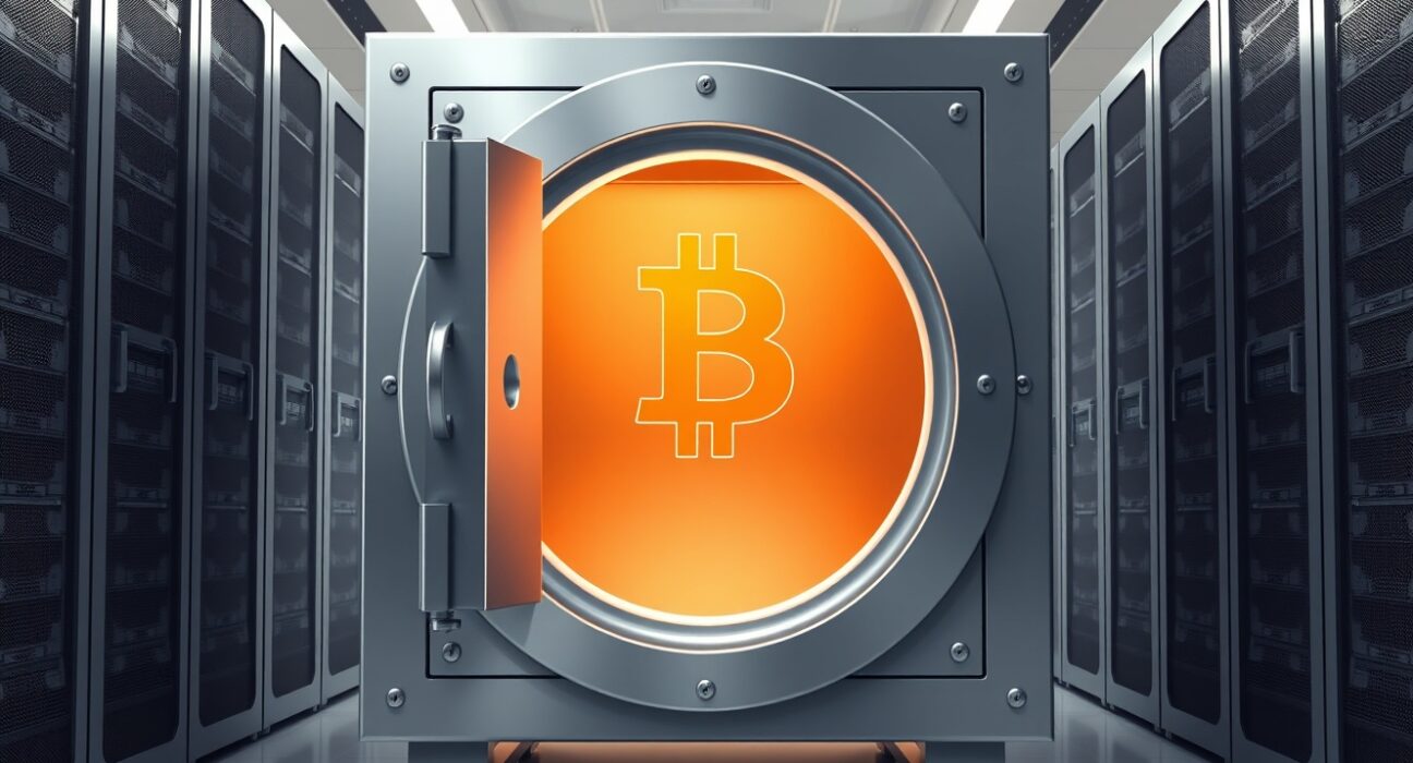 Secure digital vault holding Bitcoin, representing the significant accumulation by long-term holders.