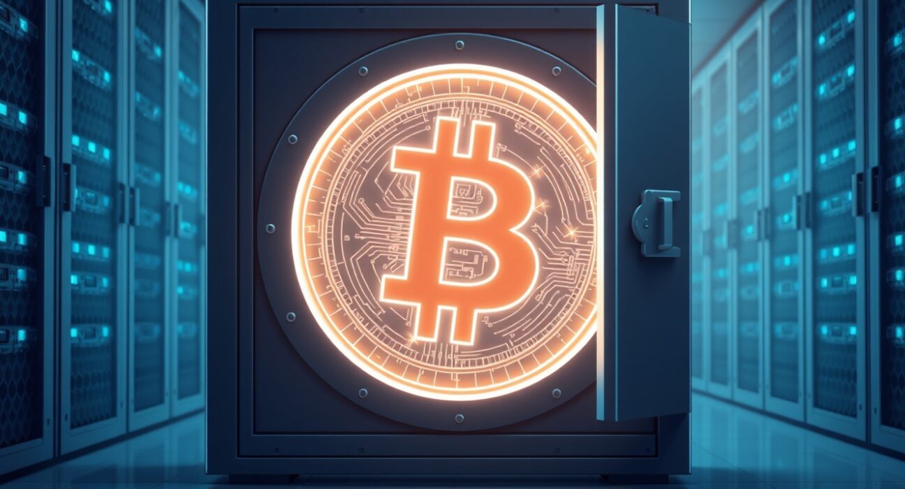 Secure digital vault holding Bitcoin, representing long-term holder accumulation and storage.