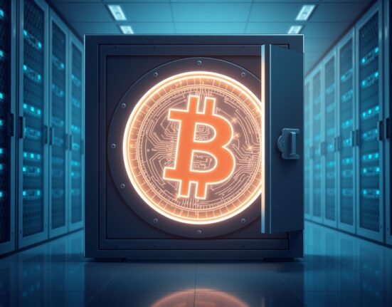 Secure digital vault holding Bitcoin, representing long-term holder accumulation and storage.