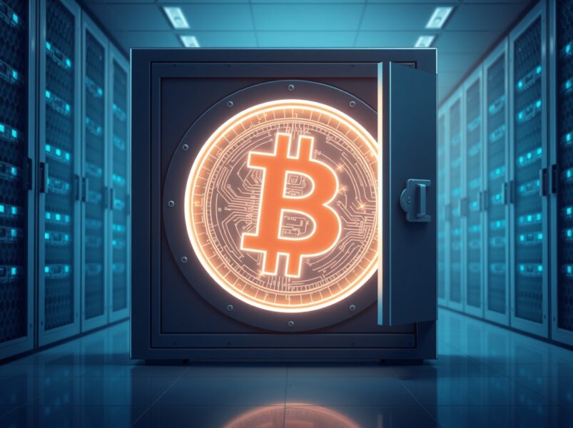 Secure digital vault holding Bitcoin, representing long-term holder accumulation and storage.