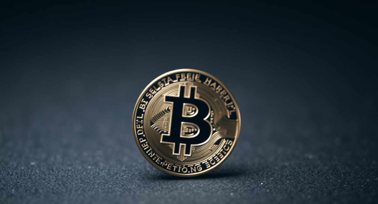 Bitcoin coin resting on dark surface with calm lighting representing long-term holder stability