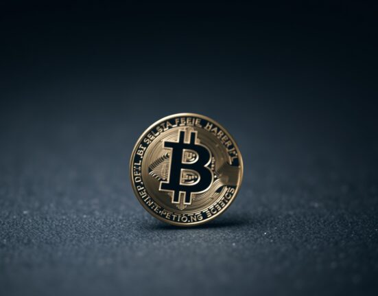 Bitcoin coin resting on dark surface with calm lighting representing long-term holder stability