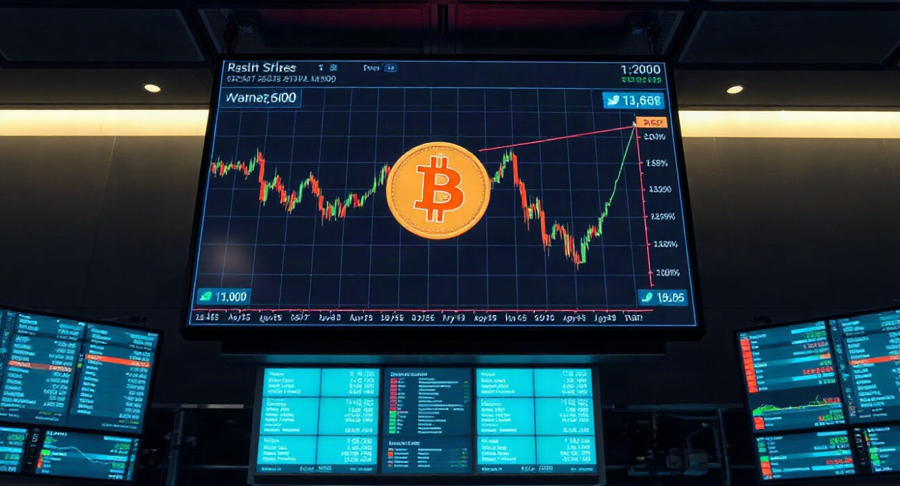 Bitcoin price chart on a trading floor screen showing a decline