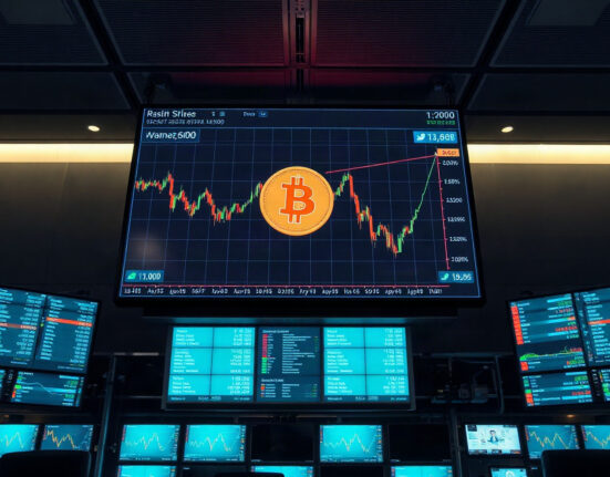 Bitcoin price chart on a trading floor screen showing a decline