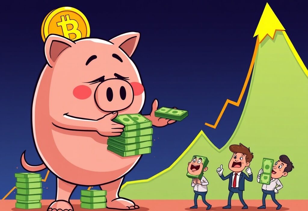 A cartoon illustration showing Bitcoin long-term holders realizing profits during a market cycle peak.