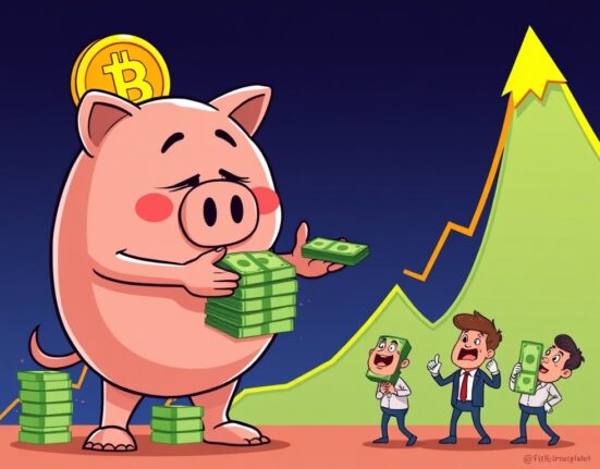 A cartoon illustration showing Bitcoin long-term holders realizing profits during a market cycle peak.