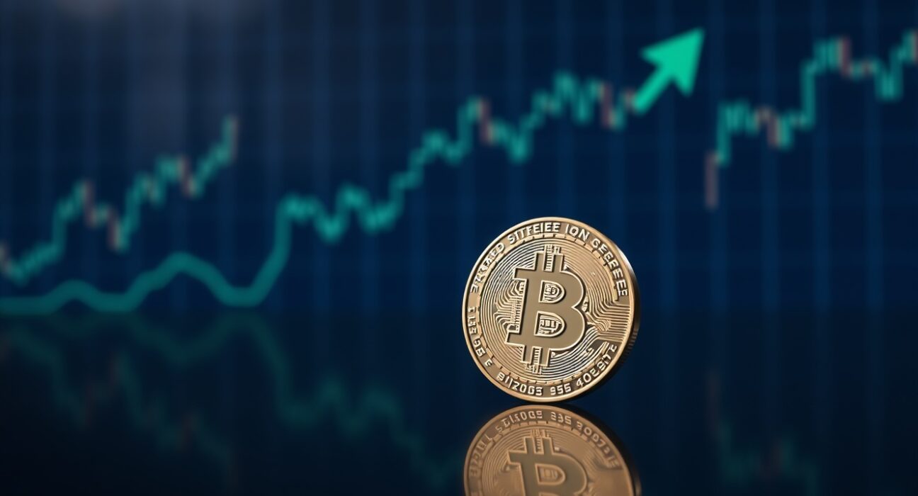 Bitcoin coin on reflective surface with subtle green upward arrow representing market stability