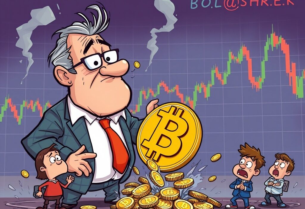 A cartoon illustration of a large investor selling Bitcoin, symbolizing the significant sell-off by Bitcoin long-term holders and its market impact.