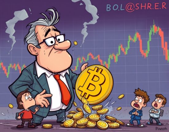 A cartoon illustration of a large investor selling Bitcoin, symbolizing the significant sell-off by Bitcoin long-term holders and its market impact.