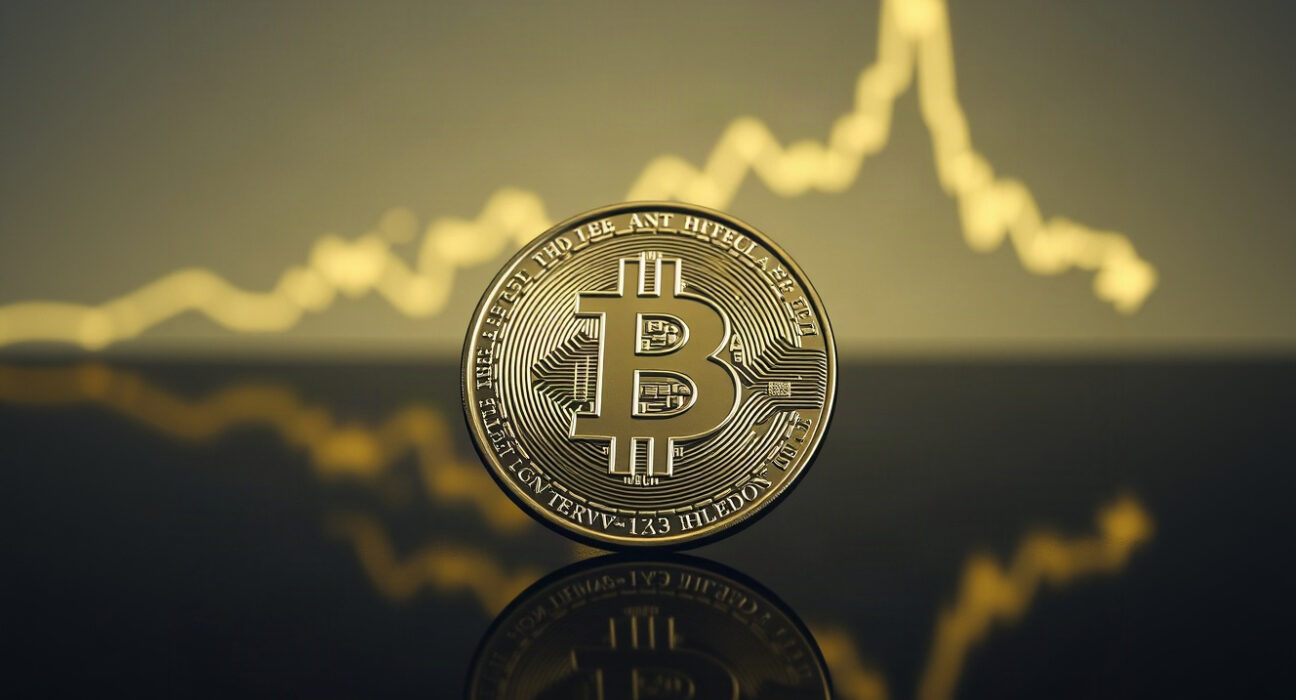 Bitcoin coin with a subtle upward chart in the background, representing long-term holder accumulation