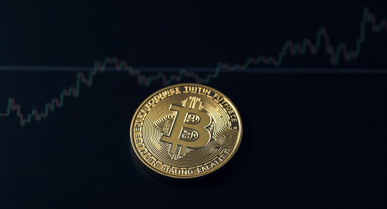 Bitcoin coin on dark surface with subtle calm chart overlay representing long-term holder sentiment