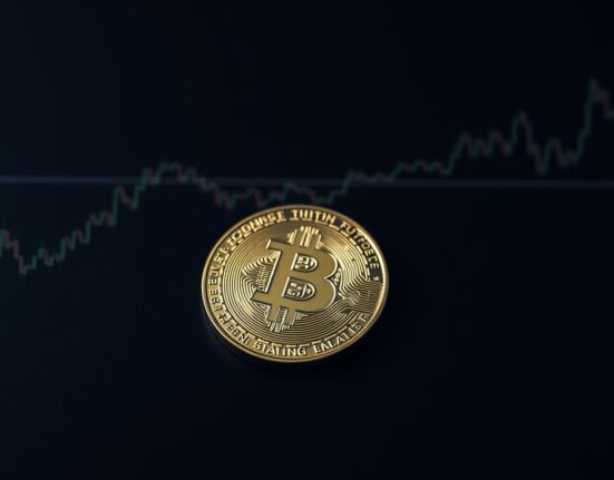 Bitcoin coin on dark surface with subtle calm chart overlay representing long-term holder sentiment