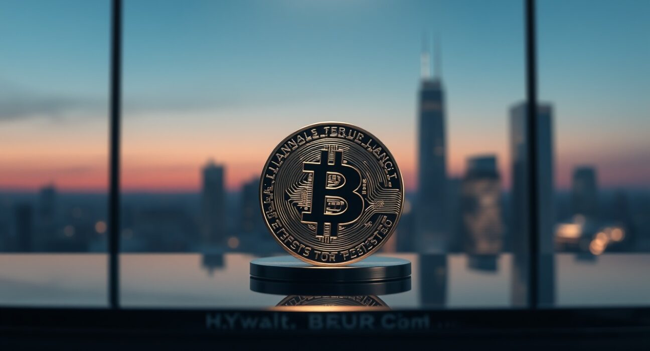 Bitcoin coin on reflective surface with out-of-focus city skyline background, representing cryptocurrency market analysis.