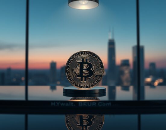 Bitcoin coin on reflective surface with out-of-focus city skyline background, representing cryptocurrency market analysis.