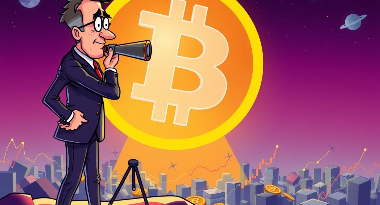 A confident leader focuses on Bitcoin's long-term value through a telescope, ignoring short-term market chaos.