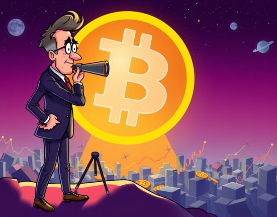 A confident leader focuses on Bitcoin's long-term value through a telescope, ignoring short-term market chaos.