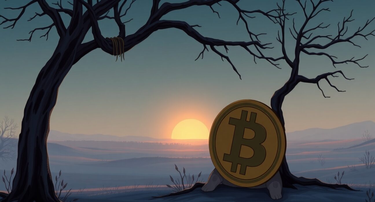 Conceptual Ghibli-style art representing Bitcoin's prolonged bear market and potential hope.