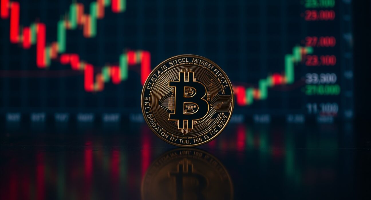 Bitcoin coin on a dark surface with blurred trading charts in the background, representing market volatility and liquidation risk.