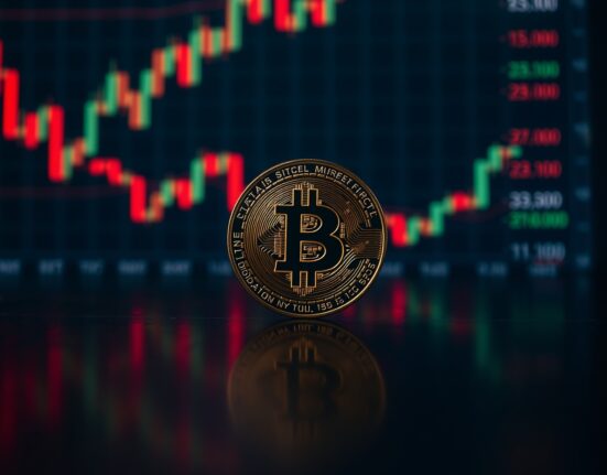 Bitcoin coin on a dark surface with blurred trading charts in the background, representing market volatility and liquidation risk.