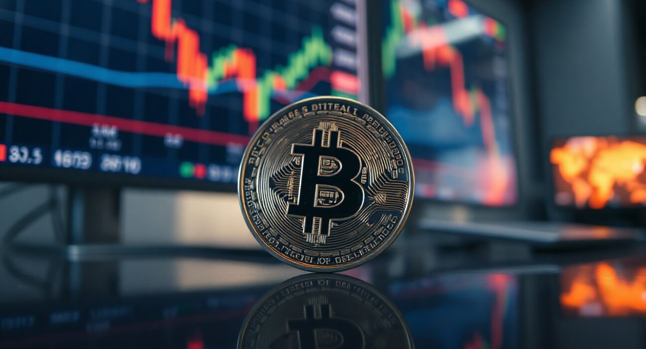 Bitcoin coin on reflective surface with financial charts in background