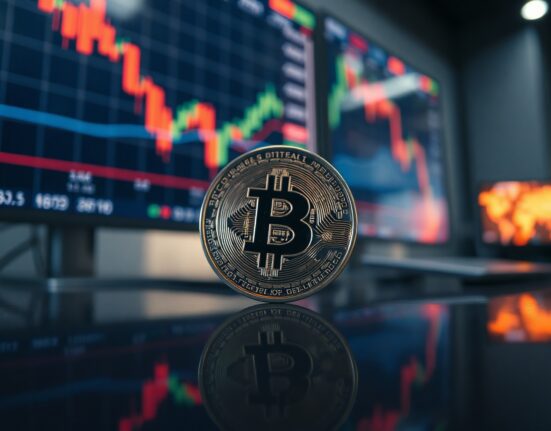 Bitcoin coin on reflective surface with financial charts in background