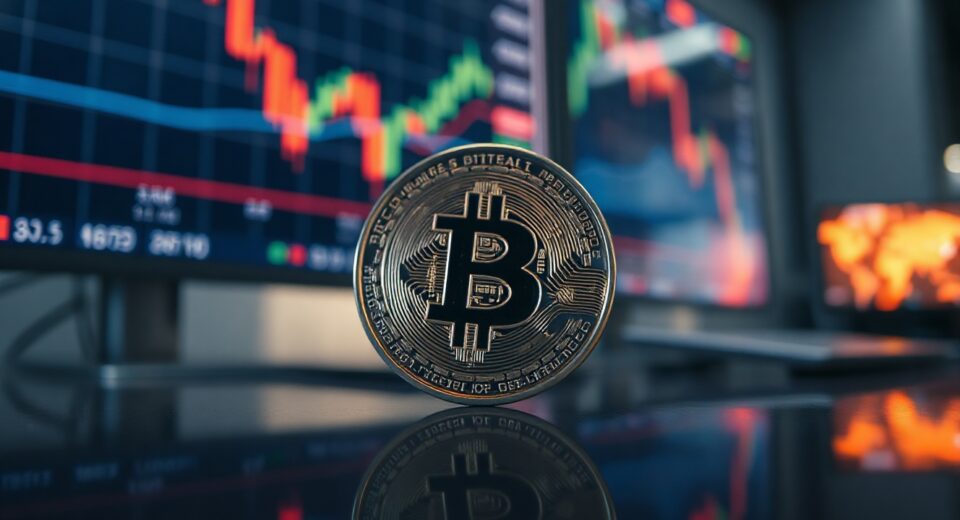 Bitcoin coin on reflective surface with financial charts in background