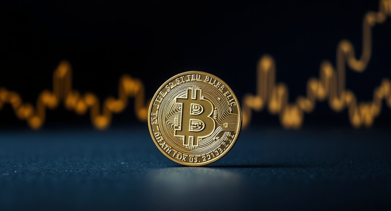 Bitcoin coin with glowing upward trend line on dark background, representing positive MACD indicator