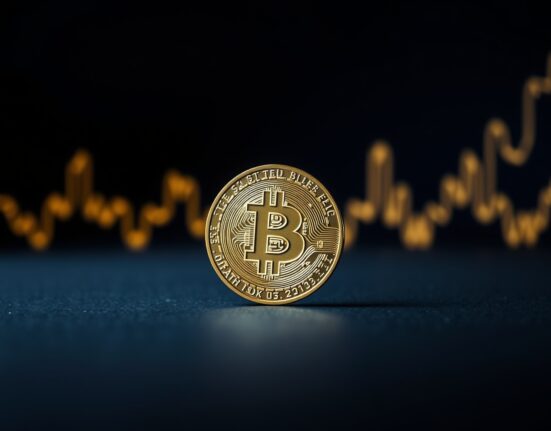 Bitcoin coin with glowing upward trend line on dark background, representing positive MACD indicator