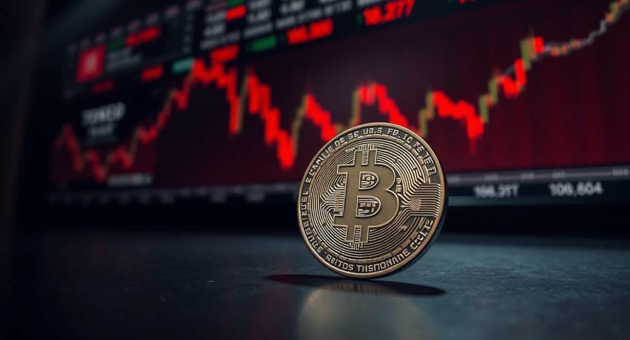 Bitcoin coin in dim light with blurred financial charts in background, representing market vulnerability