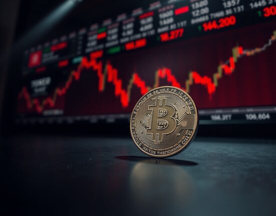 Bitcoin coin in dim light with blurred financial charts in background, representing market vulnerability