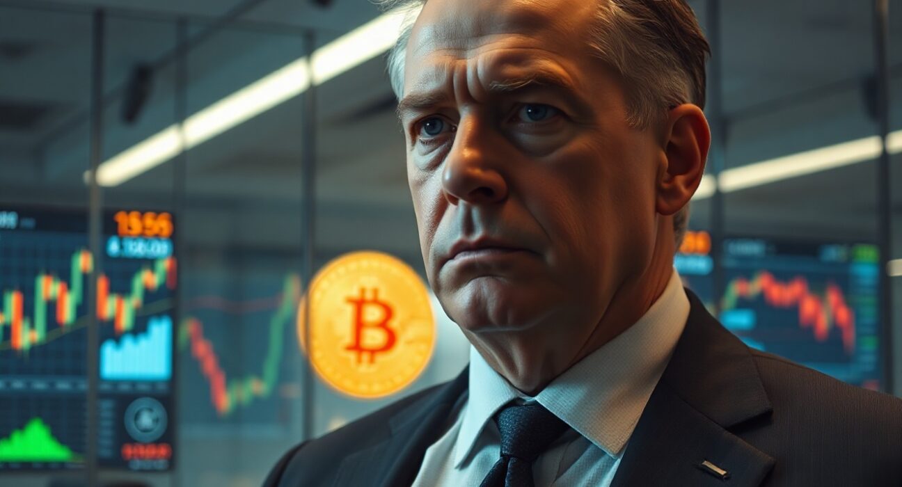 Michael Saylor in a corporate office with Bitcoin and stock charts on screens, conveying scrutiny and debate.