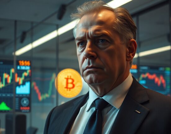 Michael Saylor in a corporate office with Bitcoin and stock charts on screens, conveying scrutiny and debate.