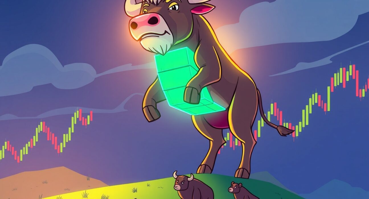 A vibrant cartoon bull representing surging Bitcoin margin long positions on a financial chart.