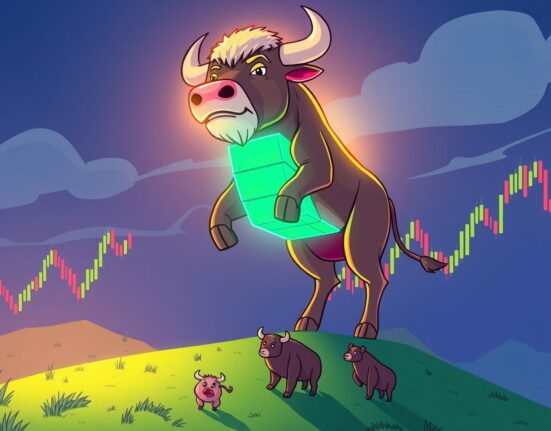 A vibrant cartoon bull representing surging Bitcoin margin long positions on a financial chart.