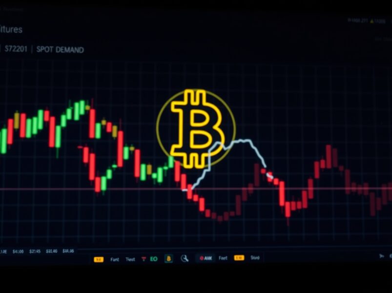 Bitcoin market analysis showing futures trading dashboard with sluggish spot demand indicator, reflecting CryptoQuant CEO's warning