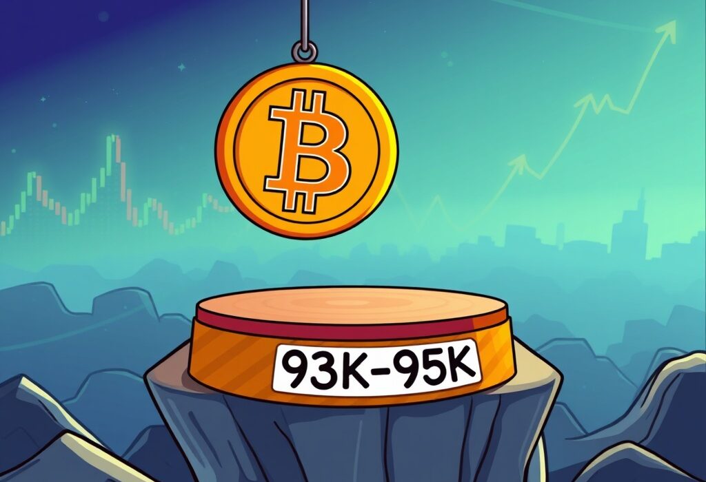 A cartoon Bitcoin finds a strong Bitcoin market bottom between $93K-$95K, illustrating Bitfinex's price prediction.