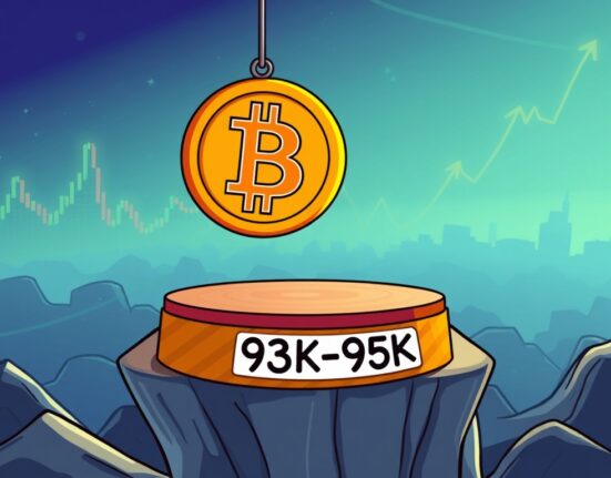 A cartoon Bitcoin finds a strong Bitcoin market bottom between $93K-$95K, illustrating Bitfinex's price prediction.