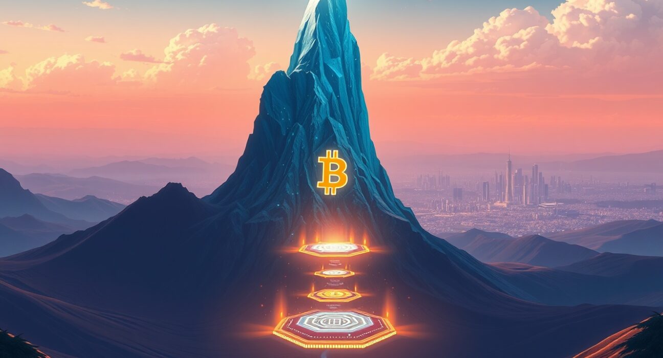 Visual metaphor for Ark Invest's $16 trillion Bitcoin market cap forecast as a dominant digital asset mountain.