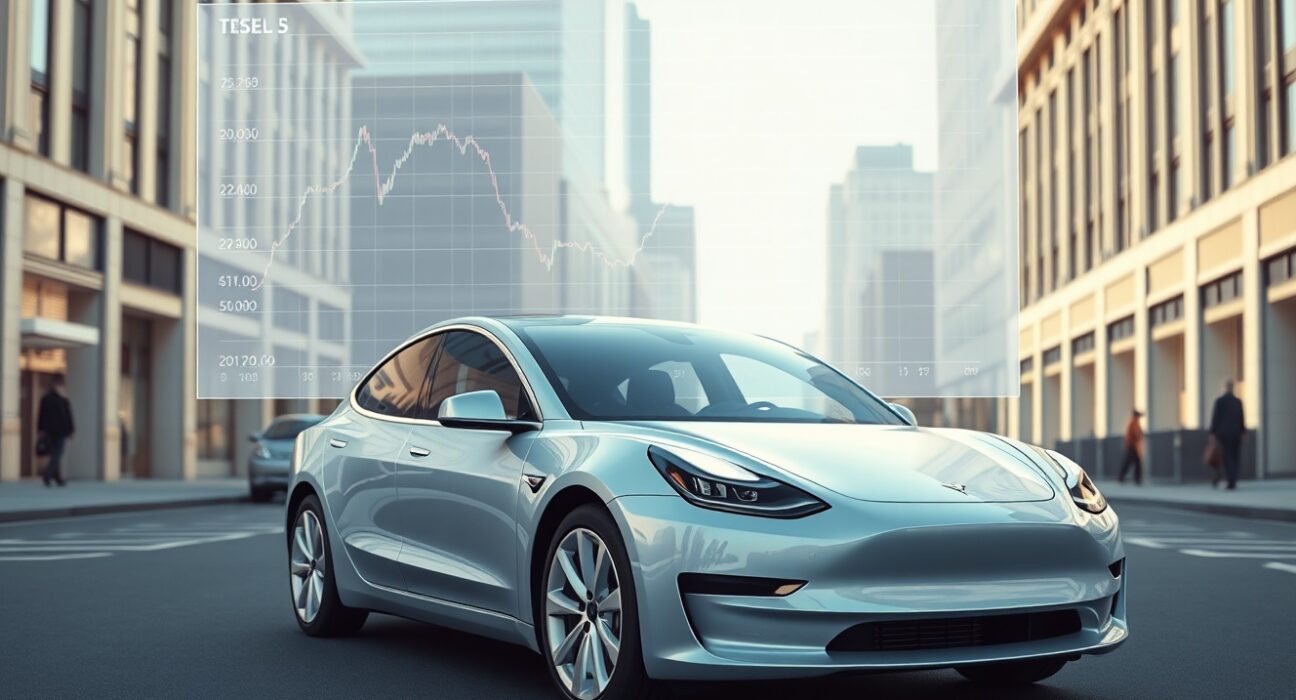 Tesla car in front of a digital chart showing Bitcoin's market cap falling behind Tesla's valuation.