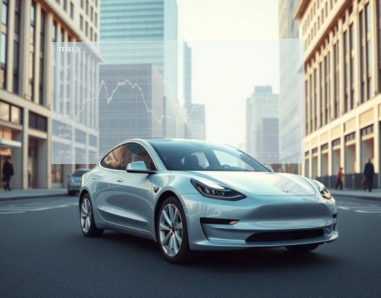 Tesla car in front of a digital chart showing Bitcoin's market cap falling behind Tesla's valuation.