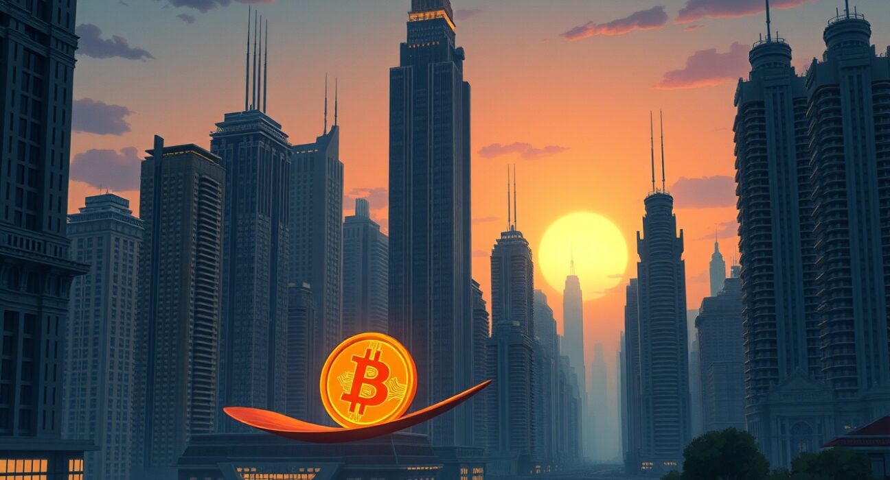 Bitcoin market cap falling in global asset rankings visualized as a digital coin descending.