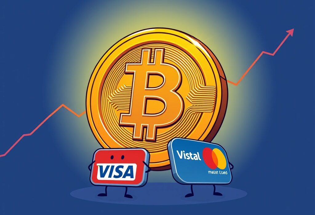 A cartoon illustration showing Bitcoin market cap's monumental growth, overshadowing traditional payment giants Visa and Mastercard.